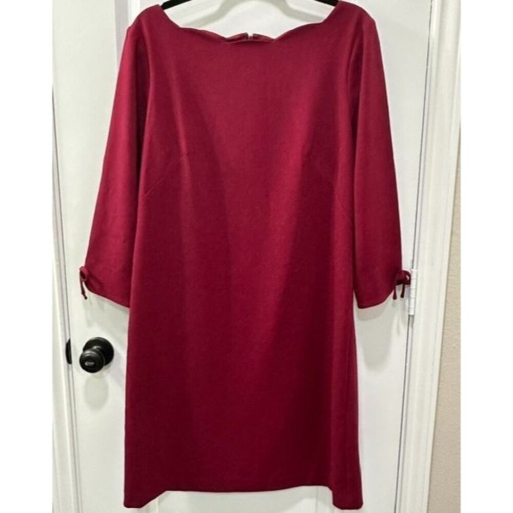 Talbots Womens 14 Burgundy Scalloped Neck Bow Sleeve Shift Lined Dress Zip Back